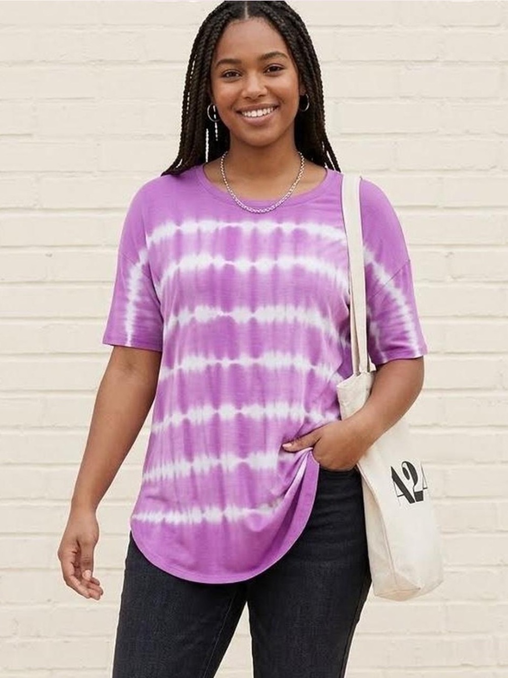 Time and Tru Women's Crewneck Tunic Tee Short Sleeves Purple White Tie Dye - L